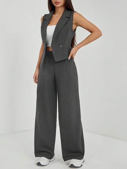 SHEIN PETITE طقم ملابس خريفية قطعتان 2 قطعة/مجموعة للمرأة بلون واحد، ملابس علوية بدون أكمام وبنطال، ملابس خريفية، كاجوال أعمال، طقم صيفي