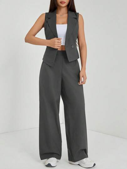 SHEIN PETITE طقم ملابس خريفية قطعتان 2 قطعة/مجموعة للمرأة بلون واحد، ملابس علوية بدون أكمام وبنطال، ملابس خريفية، كاجوال أعمال، طقم صيفي