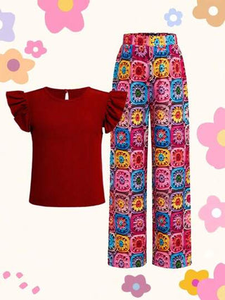 girls-sets مجموعة ملابس علوية أكمام قصيرة مزهرية أنيقة للبنات قطعتين