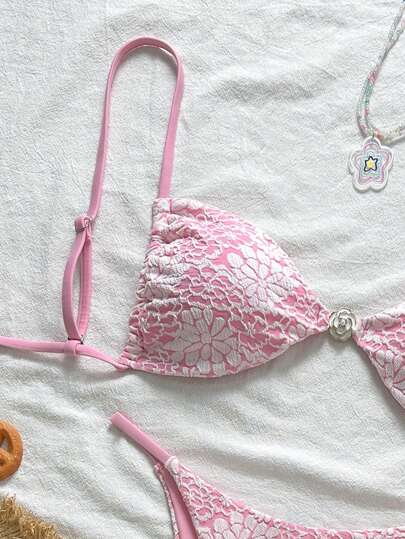 Swim Mod مجموعة من 2 قطعة للنساء، بيكيني وكاميسول برعوات رفيعة من قماش ذو نسيج مزخرف بالأزهار، مناسب للاستخدام في الشاطئ والإجازة