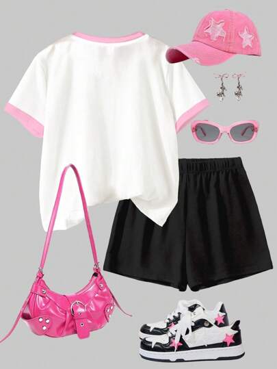 girls-sets تي شيرت وشورت مجموعة قطعتين لفتيات المراهقات, بطبعة فتاة كرتونية مرسومة مريحة, أكمام قصيرة ضيّقة ، مناسبة للصيف