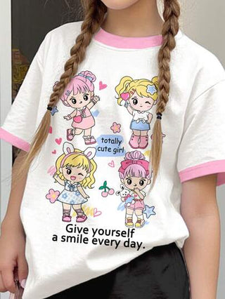 girls-sets تي شيرت وشورت مجموعة قطعتين لفتيات المراهقات, بطبعة فتاة كرتونية مرسومة مريحة, أكمام قصيرة ضيّقة ، مناسبة للصيف