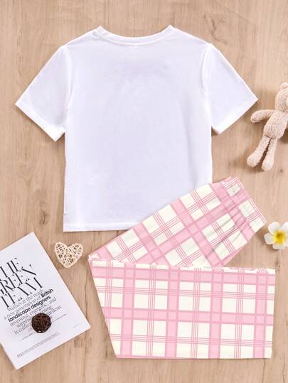 SHEIN مجموعة تي شيرت t كم قصير رقبة دائرية مزينة بفيونكة وبنطلون بيجامة مستقيم مرتاح مع بنمط مربعات للبنات المراهقات، ال- 2قطعة