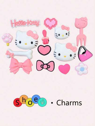 Sanrio 15 قطعة/مجموعة من الزينات القطة الوردية الجميلة لأحذية النساء، إكسسوارات وسحر تزييني لصنادل/كلوغ نسائية، لوازم حفلات