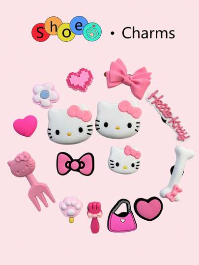Sanrio 15 قطعة/مجموعة من الزينات القطة الوردية الجميلة لأحذية النساء، إكسسوارات وسحر تزييني لصنادل/كلوغ نسائية، لوازم حفلات