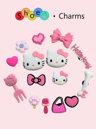 Sanrio 15 قطعة/مجموعة من الزينات القطة الوردية الجميلة لأحذية النساء، إكسسوارات وسحر تزييني لصنادل/كلوغ نسائية، لوازم حفلات