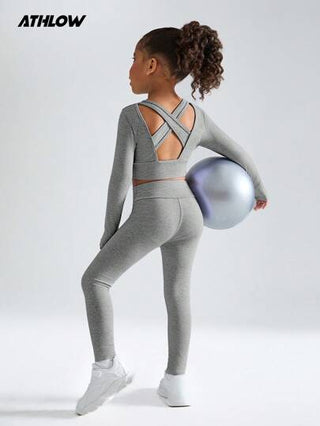 ملابس رياضية أطفال طقم أزياء للبنات الصغيرات، ملابس علوية بتصميم ظهر مفتوح وأكمام طويلة وياقة مستديرة، وبنطلون ليغنز، مناسب للاستخدام اليومي العادي، لجميع المواسم