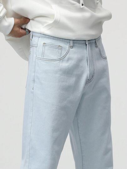 Manfinity Homme جينز رجالي طويل بقصة ساق مستقيمة مع جيوب مائلة، جينز أزرق عادي غير مزين بجيوب عمل للزوج