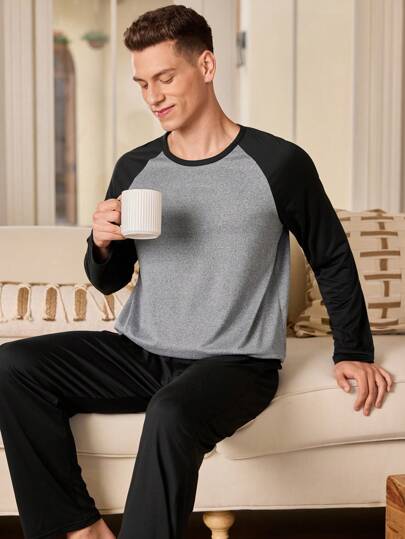 SHEIN 2 قطعة بدلة رياضية منزلية للرجال، ملابس علوية بياقة مستديرة وأكمام راجلان وبنطال طويل، بيجامة للرجال للخريف والشتاء