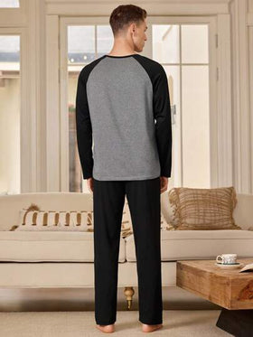 SHEIN 2 قطعة بدلة رياضية منزلية للرجال، ملابس علوية بياقة مستديرة وأكمام راجلان وبنطال طويل، بيجامة للرجال للخريف والشتاء