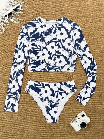 Swim SPRTY طقم ملابس نسائية جديد للصيف للشاطئ ، بلوزة كاجوال بأكمام طويلة بطبعات زهرية بيضاء وزرقاء للعطلات والتزلج على الأمواج
