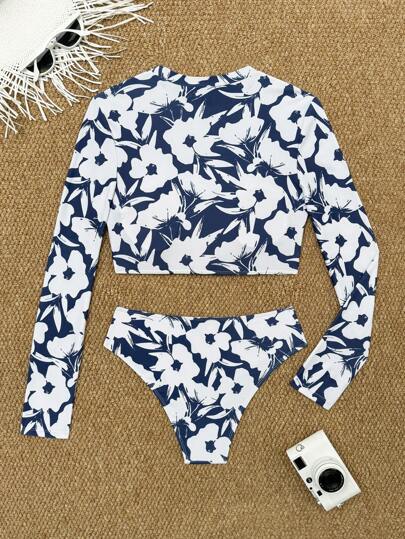 Swim SPRTY طقم ملابس نسائية جديد للصيف للشاطئ ، بلوزة كاجوال بأكمام طويلة بطبعات زهرية بيضاء وزرقاء للعطلات والتزلج على الأمواج