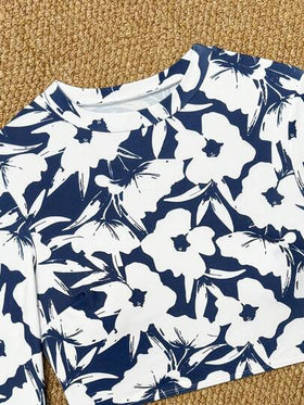 Swim SPRTY طقم ملابس نسائية جديد للصيف للشاطئ ، بلوزة كاجوال بأكمام طويلة بطبعات زهرية بيضاء وزرقاء للعطلات والتزلج على الأمواج