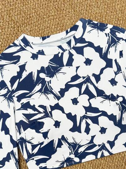 Swim SPRTY طقم ملابس نسائية جديد للصيف للشاطئ ، بلوزة كاجوال بأكمام طويلة بطبعات زهرية بيضاء وزرقاء للعطلات والتزلج على الأمواج