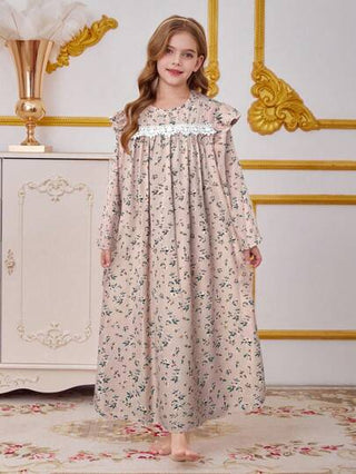 بيجاما مريح وفضفاض ثوب ليلي للمراهقات بتصميم زهري معقد مع أكمام واسعة منفرجة وياقة مستديرة ومرقعات زخرفية