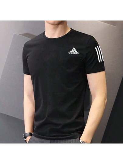 Adidas تي شيرت رجالي بياقة دائرية بأكمام قصيرة للربيع والصيف،ملابس رياضية وتدريبات ركض وليزر وياقة مريحة، خفيفة وقابلة للتنفس بخطوط ثلاثية، رمز H58591