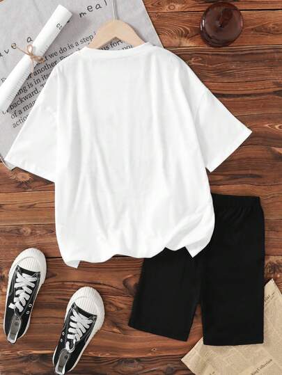 girls-sets مجموعة ملابس رياضية عفوية للفتيات قطعتان، توب فضفاض بطباعة سيارة كلاسيكية وتناسقه مع جينز محكم مريح للربيع/الصيف، للأنشطة الرياضية والخارجية