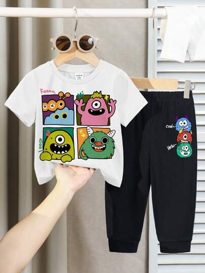 SHEIN طقم ملابس أطفال ذكور كاجوال بتصميم كرتوني مطبوع برسومات وحوش وحروف، قصير الأكمام وبنطلون، للخريف