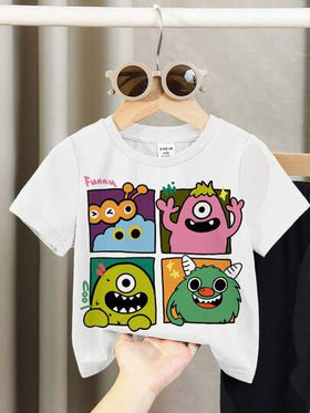 SHEIN طقم ملابس أطفال ذكور كاجوال بتصميم كرتوني مطبوع برسومات وحوش وحروف، قصير الأكمام وبنطلون، للخريف