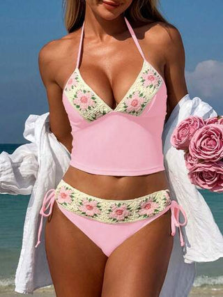 طقم تانكيني حريمي Swim Mod طقم بكيني مكون من قطعتين، سترة علوية بنقشة مطرزة بأزهار وسروال سفلي مربوط من الجانبين، مناسب للربيع والصيف
