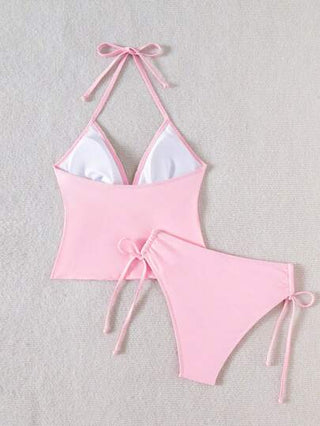 طقم تانكيني حريمي Swim Mod طقم بكيني مكون من قطعتين، سترة علوية بنقشة مطرزة بأزهار وسروال سفلي مربوط من الجانبين، مناسب للربيع والصيف