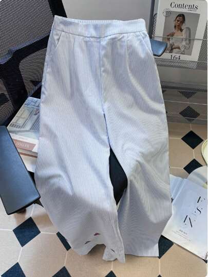SHEIN بناطيل نسائية ذات ساقين واسعتين بطباعة الكرز المخطط ، كاجوال