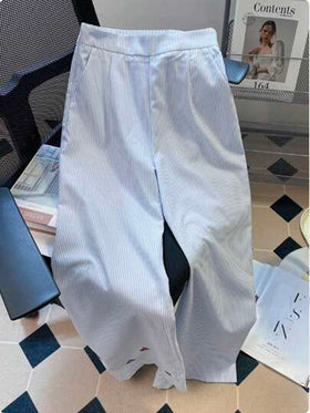 SHEIN بناطيل نسائية ذات ساقين واسعتين بطباعة الكرز المخطط ، كاجوال