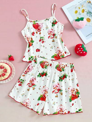 بيجاما Strawberry Shortcake X  مجموعة بجامة مكونة من توب وشورت بطبعة فتاة الفراولة والزنجبيل بأسلوب Y2K الطفولي،2 قطعة، كاجوال للربيع/الصيف