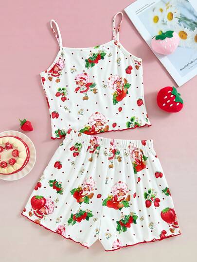 بيجاما Strawberry Shortcake X  مجموعة بجامة مكونة من توب وشورت بطبعة فتاة الفراولة والزنجبيل بأسلوب Y2K الطفولي،2 قطعة، كاجوال للربيع/الصيف