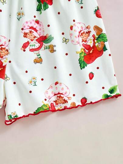 بيجاما Strawberry Shortcake X  مجموعة بجامة مكونة من توب وشورت بطبعة فتاة الفراولة والزنجبيل بأسلوب Y2K الطفولي،2 قطعة، كاجوال للربيع/الصيف