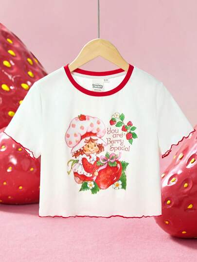 تيشيرتات بناتي Strawberry Shortcake X  بلوزة كاجوال قصيرة الأكمام للفتيات ذوات العقد العشرينيات (التوين) بطباعة فتاة الزنجبيل والفراولة التي تمثل أسلوب الفترة، مناسبة للربيع والصيف