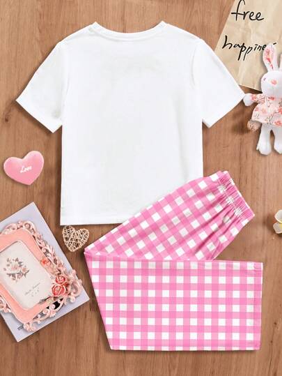 SHEIN بيجامة للبنات ذات طبعة كرتونية للفتيات الصغيرات، قصيرة الأكمام وطويلة البنطال مناسبة للصيف، قصة ضيقة عند الوسط وتصميم رقبة مستديرة