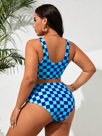 SHEIN Slayr CURVE بكيني بمقاسات كبيرة من القماش المرقط قطعتين، ملابس سباحة عطلات عصرية كاجوال