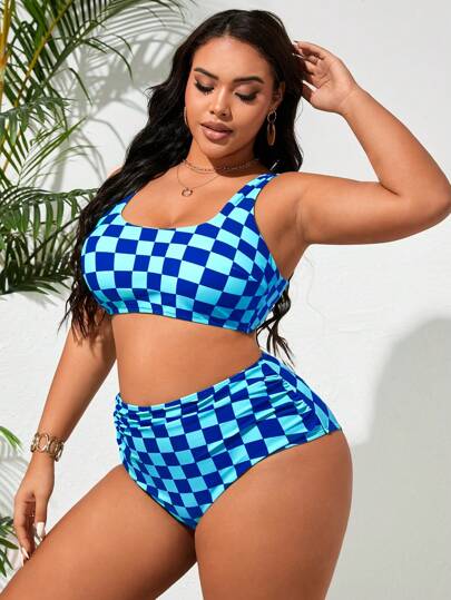 SHEIN Slayr CURVE بكيني بمقاسات كبيرة من القماش المرقط قطعتين، ملابس سباحة عطلات عصرية كاجوال
