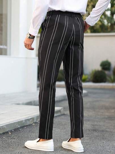 Manfinity Bizformal بنطلون بدلة رجالي أنيق كاجوال بأزرار أمامية وجيوب ذو تصميم بسيط مخطط