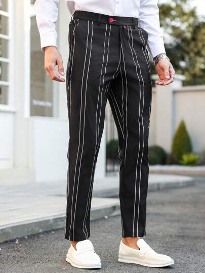 Manfinity Bizformal بنطلون بدلة رجالي أنيق كاجوال بأزرار أمامية وجيوب ذو تصميم بسيط مخطط