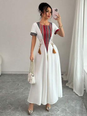 Rafferiza فستان أنيق متوسط الطول على شكل خط A من النمط الريفي المتواضع، ذو أكمام طاقم وربطة عند الخصر، من قماش معكوس بطبعات رجعية