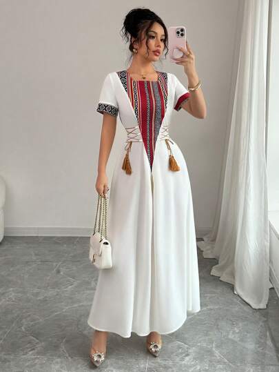 Rafferiza فستان أنيق متوسط الطول على شكل خط A من النمط الريفي المتواضع، ذو أكمام طاقم وربطة عند الخصر، من قماش معكوس بطبعات رجعية