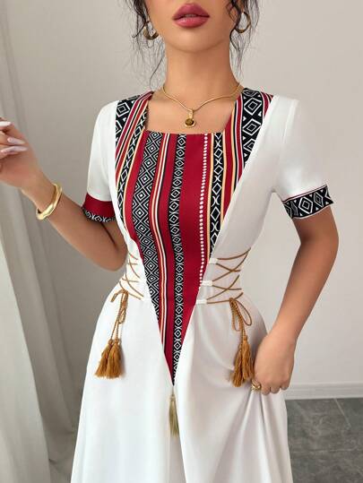 Rafferiza فستان أنيق متوسط الطول على شكل خط A من النمط الريفي المتواضع، ذو أكمام طاقم وربطة عند الخصر، من قماش معكوس بطبعات رجعية