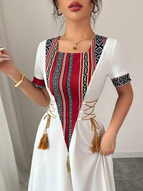 Rafferiza فستان أنيق متوسط الطول على شكل خط A من النمط الريفي المتواضع، ذو أكمام طاقم وربطة عند الخصر، من قماش معكوس بطبعات رجعية