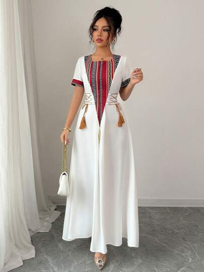 Rafferiza فستان أنيق متوسط الطول على شكل خط A من النمط الريفي المتواضع، ذو أكمام طاقم وربطة عند الخصر، من قماش معكوس بطبعات رجعية