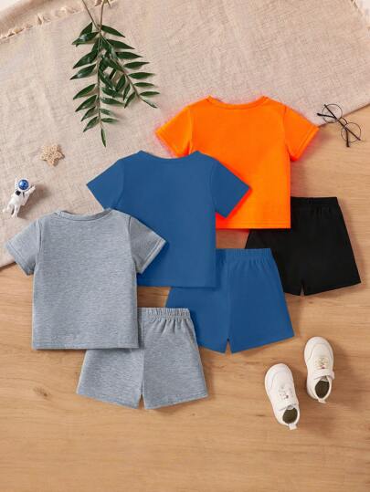 SHEIN 2 قطعة/مجموعة ملابس أطفال صغار ذكور، مجموعة شورت ولباس علوي رسمة الدب الجذابة، يومية مريحة، طقم صيفي مكون من 3 قطع