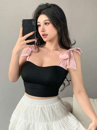 DAZY ملابس علوية أنثوية صيفية من الشبك بتصميم لوحات ملونة متباينة، مربوطة الأطراف، محصورة الخصر، ملابس شارع جذابة، أنبوبة بدون أكمام مريحة