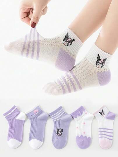 Sanrio 5 أزواج جوارب أطفال من الشبكة القابلة للتنفس للأطفال من فتيات كوروميو، جوارب أطفال رقيقة بلا حياكة مناسبة للصيف، للفتيات