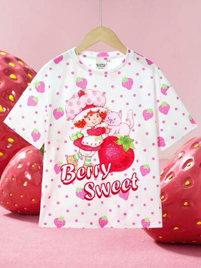 تيشيرتات بناتي Strawberry Shortcake X  تي شيرت قصير الأكمام كاجوال أبيض لفتاة المراهقة مزين برسمة فريزة وردية كرتونية جميلة وحلوة