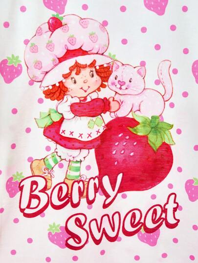تيشيرتات بناتي Strawberry Shortcake X  تي شيرت قصير الأكمام كاجوال أبيض لفتاة المراهقة مزين برسمة فريزة وردية كرتونية جميلة وحلوة