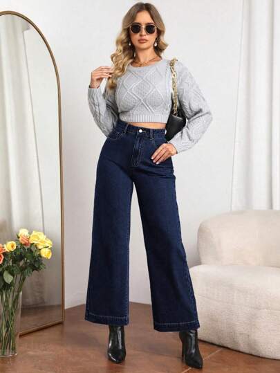 SHEIN Essnce بنطلون جينز بلون واحد بسيط ، موضة الصيف