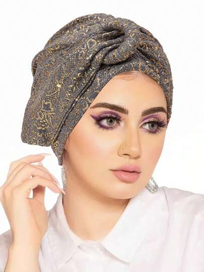 قبعة حجاب مطوية مرصعة بالترتر على الطراز الأوروبي والأمريكي للنساء، غطاء رأس توربان مع زر معدني للفستان