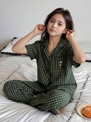 بيجاما DAZY بيجامة قصيرة الأكمام وبنطلون طويل للمراهقات، نمط مربع منقوش، ملائمة للربيع/الصيف