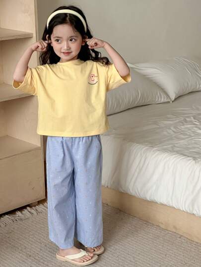 Dazy Kids طقم ملابس فتاة شابة للخريف: تي شيرت قصير الأكمام برقبة دائرية مطبوع ذو تصميم شامل + بنطال طويل مطبوع بالكامل ملابس منزلية رمضان